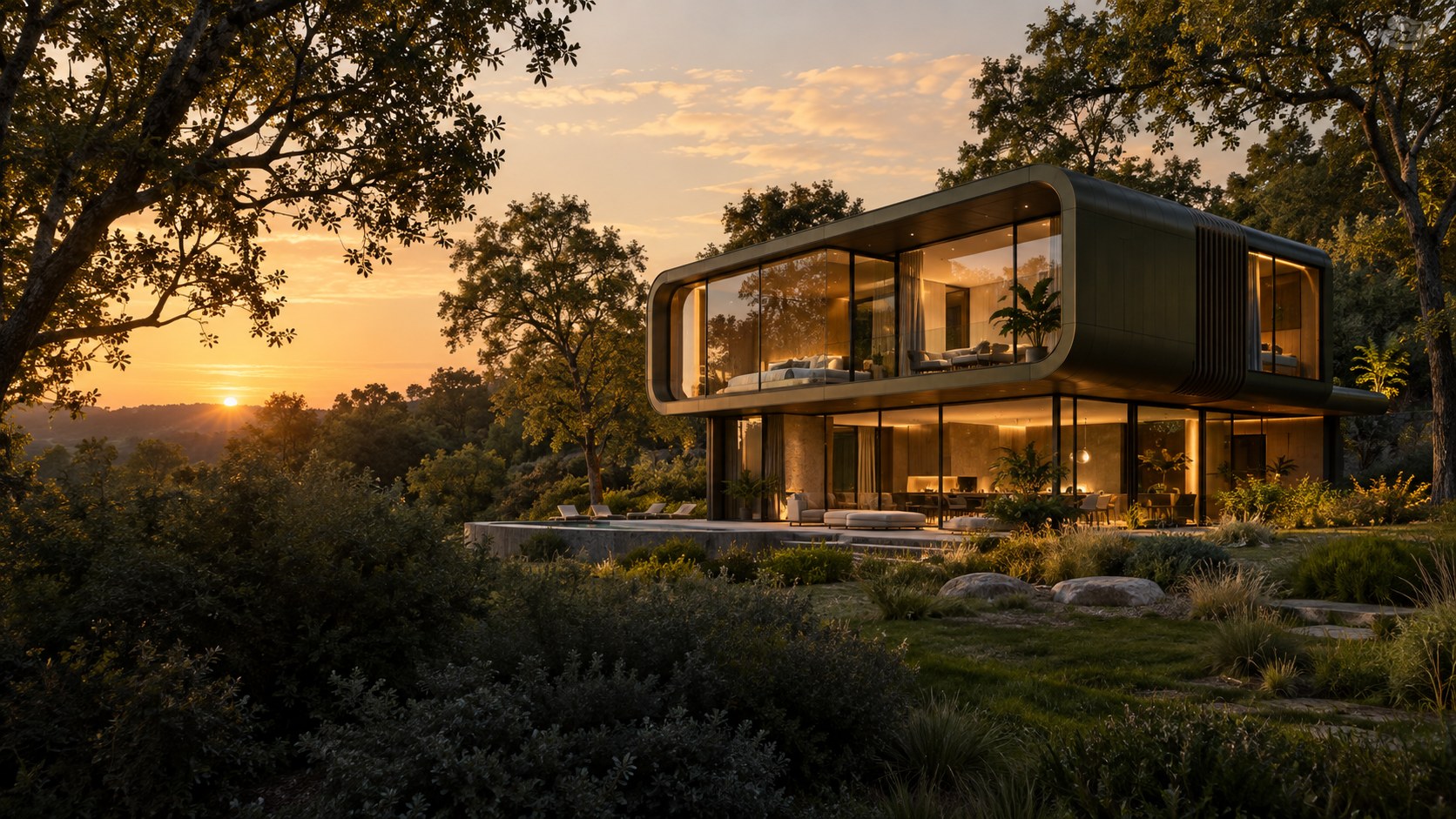 A curved contemporary home among trees at sunset
